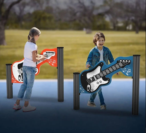 Children playing with electric and bass guitar musical panels